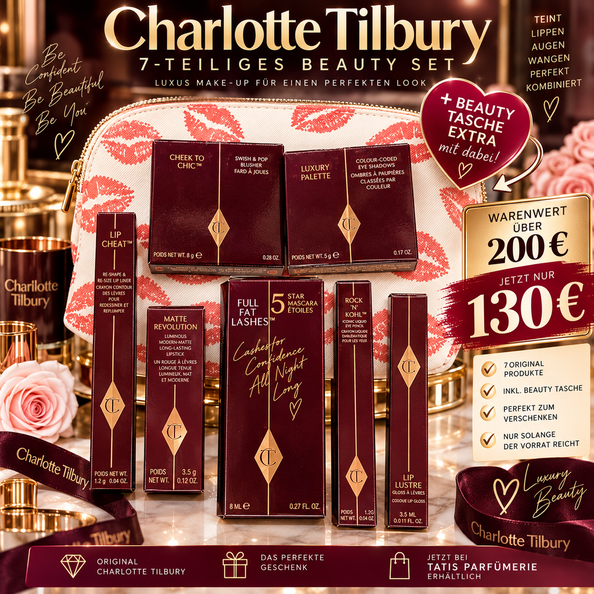 CHARLOTTE TILBURY BEAUTY SET + BEAUTY-TASCHE 7 teilig