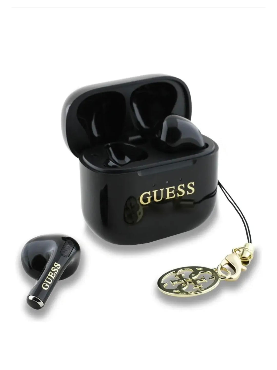 Guess Charms TWS In Ear Bluetooth Kopfhörer bedruckt mit klassischem Logo und Anhänger, Schwarz