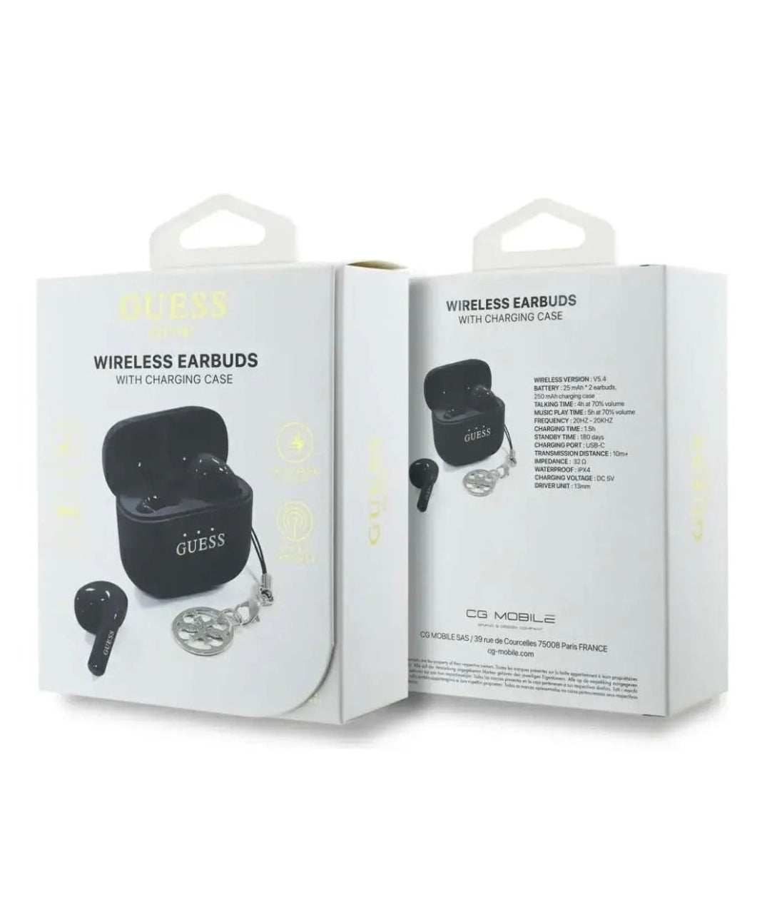 Guess Charms TWS In Ear Bluetooth Kopfhörer bedruckt mit klassischem Logo und Anhänger, Schwarz