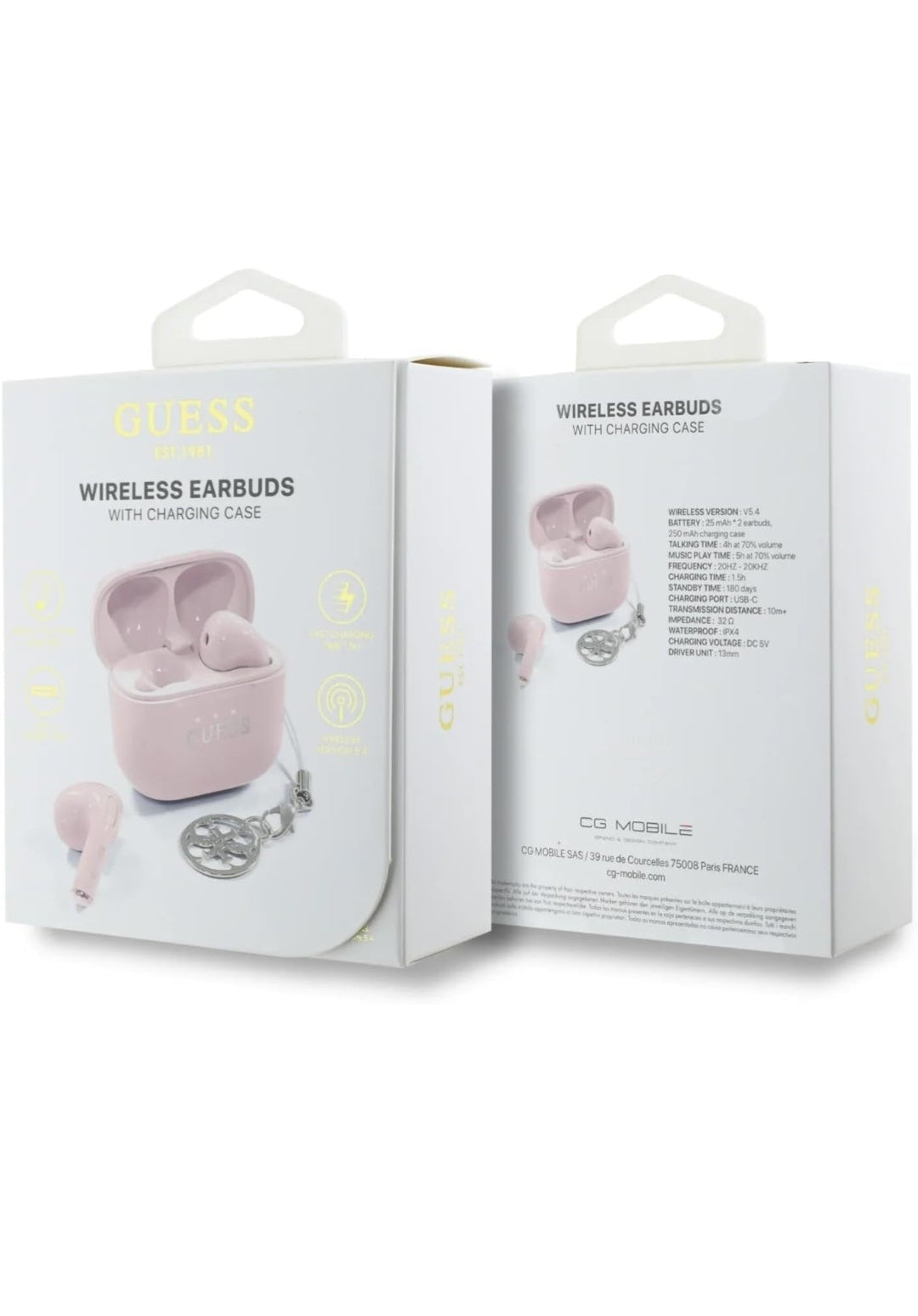 Guess Charm TWS Wireless Headphones with Gloss Effect & Classic Logo Print - Pink