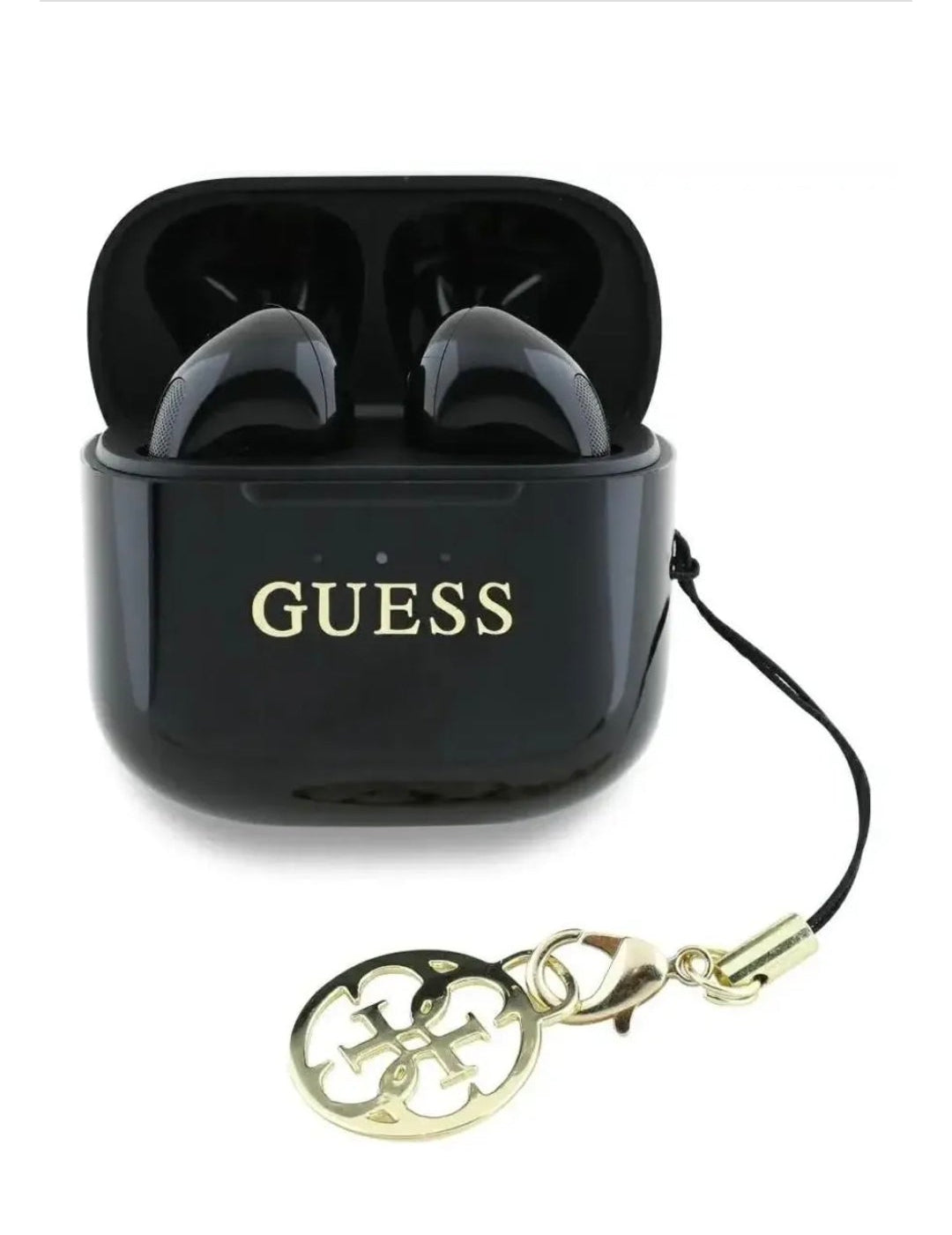 Guess Charms TWS   In Ear Bluetooth Kopfhörer bedruckt mit klassischem Logo und Anhänger, Schwarz